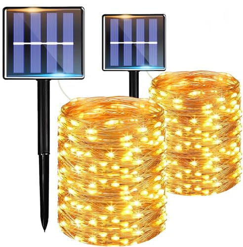taiyongkang [2 stycken] solcellsljusslinga utomhus/inomhus, 10 m 100 LED, 8 lägen, IP65 vattentät, koppartråd ljuskedja utomhus för trädgård, terrass, balkong, fest, varmvit