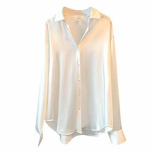 Blusskjorta damer långärmad satinskjorta damer elegant vit skjorta blus enfärgad fritidsblus revers sommarblusar lätt luftig långärmad skjorta bekväm sommartopp satinblusar festliga blusar damskjortor