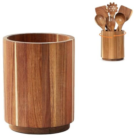 Porte-ustensiles en bois avec rotation à 360°, pot antidérapant de grande capacité pour comptoir de cuisine, pot à ustensiles de cuisine en bois de 18,3 cm pour comptoir