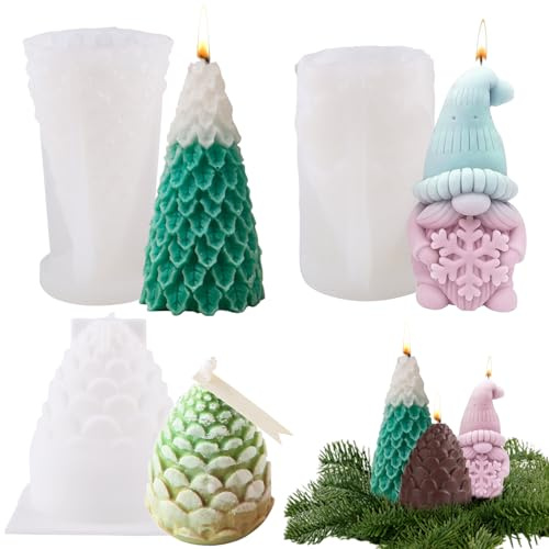 Fizdoqg Moldes de silicona para velas, 3 unidades, para velas navideñas, moldes para fundición, molde de silicona con árbol de Navidad, piñas de abeto para hacer velas (A)
