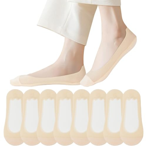 OFFCUP 8 Paia Calzini Fantasmini Donna Antiscivolo con Silicone nel Tallone Bassa Calze Barca Traspiranti per Adulti per Mocassini Sneakers Appartamenti Ballerine, 36-40 (Carne Naturale)