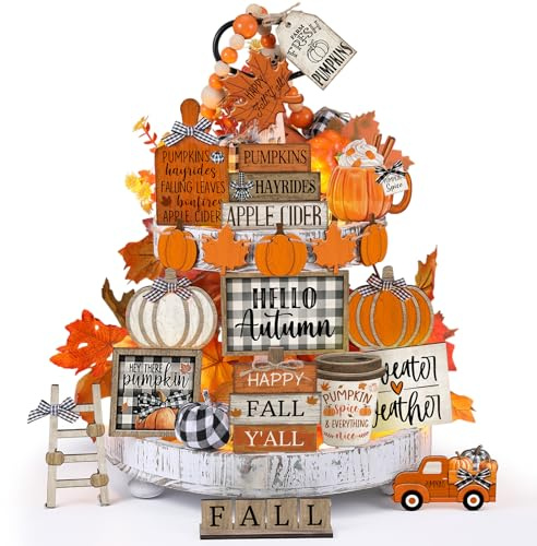 DoubleFill 21 Pcs Fall Thanksgiving Tiered Tray Decoration Set Thanksgiving Table Sign Pumpkins Farmhouse Gnome Maple Leaves Centerpieces Harvest Wood Blocks Signs Fall Block Tabletop for Autumn