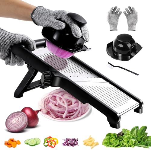 OZD Mandoline Vegetable Slicer, 5-in-1 Mandoline Food Slicer, Stainless Steel Slicers and Vegetable Cutters with Safety Gloves, Adjustable Julienne Cutter for Onion, Potato, Cucumber