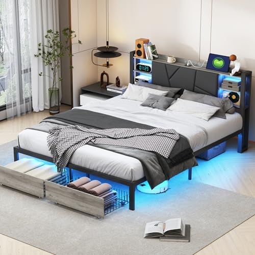 Cama 160x200 con LED y Puerto USB, Camas Matrimoniales con 2 Cajones y Cabecero de Almacenamiento, Camas Juvenils, Marco de Cama Doble con somier de láminas de Metal, PU (Negro 2, 160 x 200 cm)