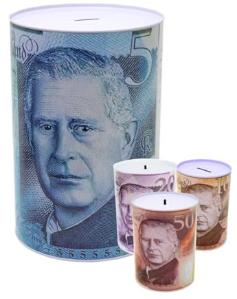 Litetron 1pc 10x15cm Money Tin Box £5 £10 £20 £50 Pound Note Saving Cash Piggy Bank, Cash Coin, Tinplate, Savings Tin for Kids Gift to Save Birthday Money, Holiday and Christmas Fund (Small)