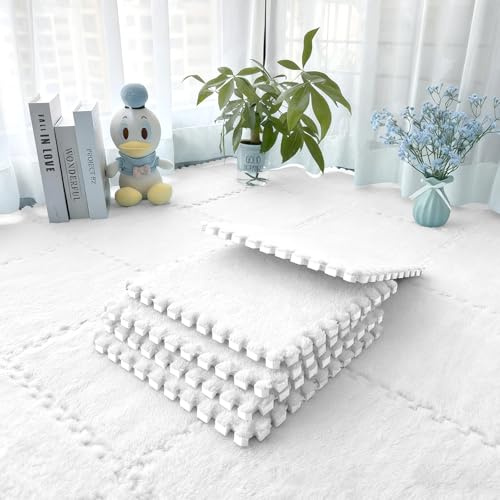 Lot de 12 tapis en mousse en peluche - 30 x 30 cm - Tapis de jeu puzzle - Tapis de sol emboîtable en EVA - Pour salon, chambre à coucher, chambre d'enfant - Blanc