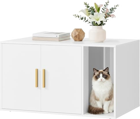 Feandrea Cat Litter Box Enclosure, Modern Hidden Litter Box Furniture with Front Entry, Double Doors, Indoor Pet House Side End Table, 80 x 50 x 45 cm, Cloud White CUSTOS Collection PCL020WB02