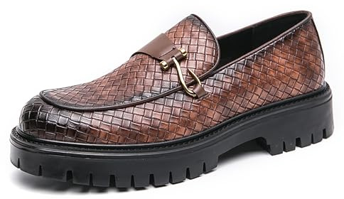 Mocasines De Plataforma Gruesa para Hombre, Zapatos De Vestir De Puntera Redonda Y Tejido, con Suela De Tacos, para El Trabajo Y El Día A Día,Marrón,40 EU