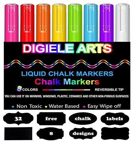 DIGIELE Marqueurs Craie, Feutres Craie à Encre Liquide, 8 Couleurs Assorties & 32 Stickers Décoratifs Adhésifs, Effaçable à Sec ou Mouillé, Pointe Réversible 3mm, Non Toxique, Sûr et Facile à Utiliser
