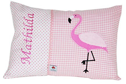 Glückspilz Namenskissen Babykissen I Flamingo I Kissen mit Namen personalisiert I Geschenk zu Geburt, Taufe, Geburtstag I pink auf rosa (25 x 35 cm)