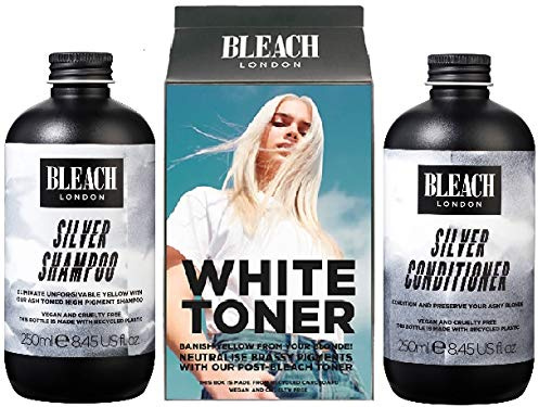 (Pack of 3) Bleach London Silver Shampoo x 250ml, White Toner Hair Kit & Silver Conditioner x 250ml