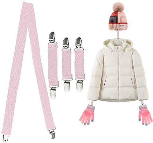 KLYNGTSK 4 PCS Stainless Steel Mitten Clips Stretchable Kids Mittens Clips Strong Glove Clip Kids Pink Elastic Mittens Clip for School, Playing in the Snow, Cold Winter Days (Pink)