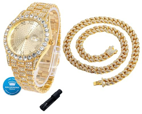 HALUKAKAH Reloj de Oro con Diamantes para Niños, Adolescentes, Chicos - Chapado en Oro 18K, Esfera Redonda 42mm, Cuarzo Japonés - Longitud 20cm, con Cadena Cubana 40cm y Herramienta de Ajuste