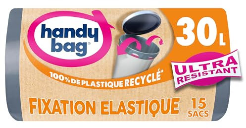 Handy Bag - Sacs poubelle fixation élastique 30L x 15 sacs - Maintient le sac en place - Ultra Résistant - Film triple épaisseur - Étanchéité maximale - 100% plastique recyclé