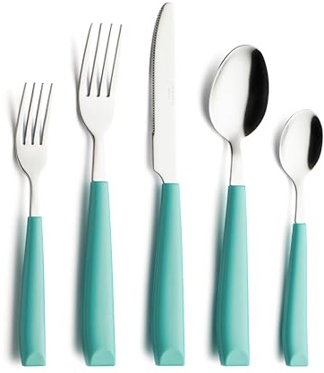 ANNOVA Set di posate, set di posate con manico colorato in acciaio inossidabile, include coltelli da tavola, forchette, cucchiai, forchette da insalata e cucchiai da dessert(20 Pieces, Turquoise)