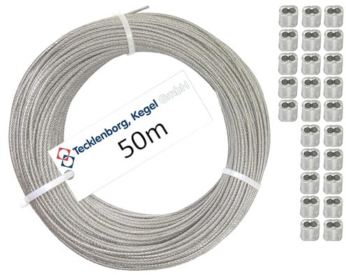 Edelstahlseilset - 50m, 7x7-1,5mm Ø Niro Drahtseil mit PVC (transparent/klar) auf 2,0 mm Außendurchmesser ummantelt & 25x Presshülsen - Tecklenborg, Kegel GmbH