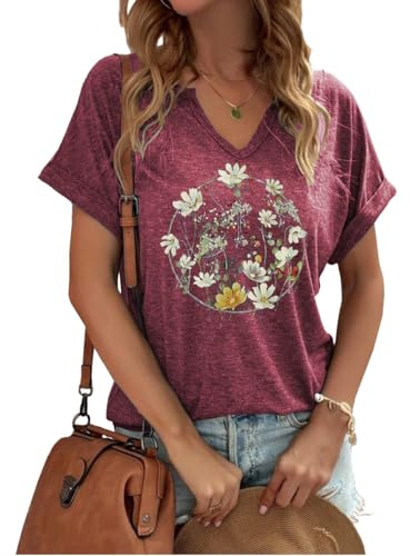 REBOYA T-shirt d'été rétro pour femme - Col en V - Manches courtes - Style bohème - Motif fleurs sauvages, lilas, XXL