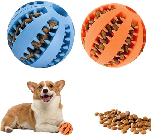 LUMOOM Lot de 2 balles interactives pour chien - Distributeur de friandises - Balle intelligente et robuste - Diamètre : 5 cm - En caoutchouc naturel - Pour chiot - Bleu + orange
