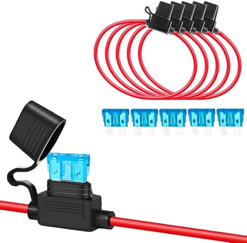 Säkringshållare med tråd bil 16 AWG 5 stycken, 12 V platt säkring, vattentät hållare med 5 delar standard 15 A, bilsäkringar för bil, lastbil, motorcykel, båt etc.