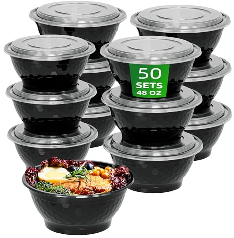 Apsic Meal Prep Bowls Containers, 50 Sets 48oz (100-Piece) Plastic Bowls with Lids for Soup Salad, Disposable To Go Food Storage Container, Round Lunch Box, BPA Free, Microwave/Dishwasher/Freezer Safe