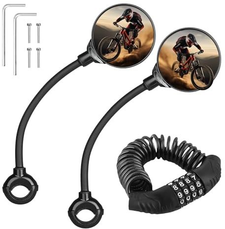Bike Mirrors, 1 Pair 360° Rotatable Bicycle Handlebar Mirrors, Wide Angle Rear View Mirrors, Convex Cycle Wing Mirrors for Mountain Road Bicycle Scooter, with Password Anti-Theft Cable Lock