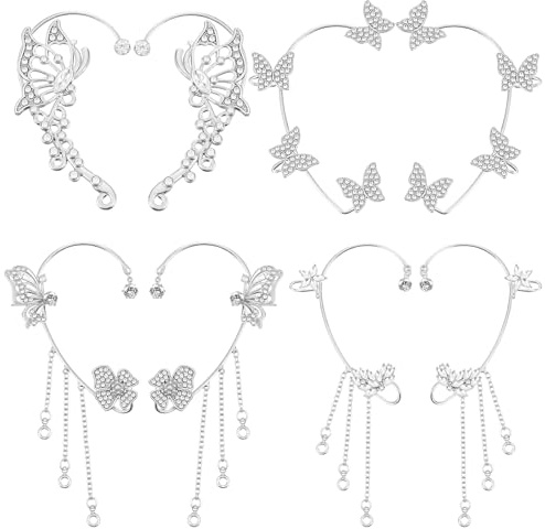 4 Pairs Butterfly Ear Cuff, Glitter Rhinestone Ear Cuffs Non piercing, Silver Butterfly Earrings for Women Fairy Costume, Wedding, Party, Halloween(Silver)