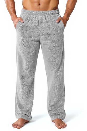 Mens Fleece Lounge Pants Ultra-Soft Plush Pajama Bottoms with Elastic Waist & Pockets, Warm Fuzzy Sleepwear Trousers for Winter, Cozy Loungewear for Home & Sleep Light Gray