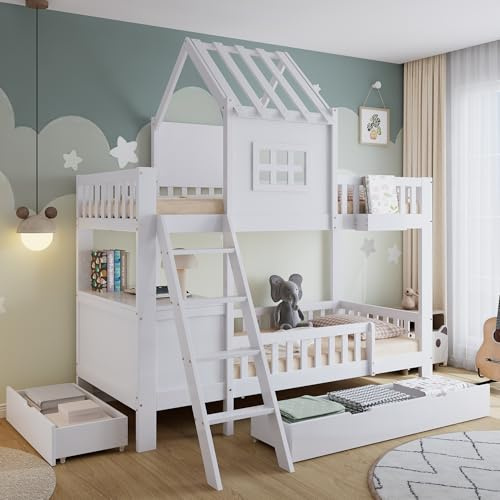 LinoraFurn Lettino a castello, letto per bambini, due cassetti con ruote, bel tetto e finestra, con tavolo da lettura e cestino, pino + MDF + compensato, bianco, 90 x 200 cm