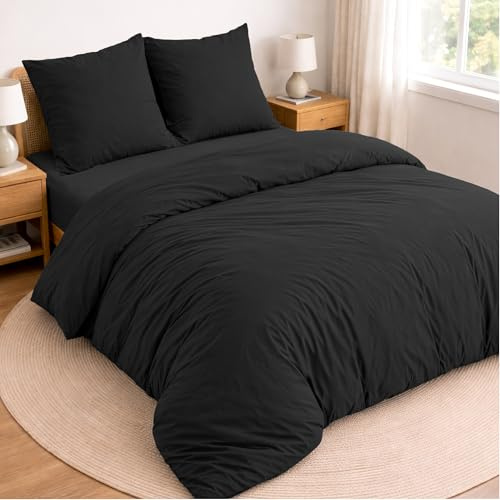 Twinzen Juego de Cama de 4 Piezas para Cama 135 - Funda Nordica 220x240 cm, Sabana Bajera 140x190 cm y 2 Fundas de Almohada 65x65 cm - Microfibra cepillada, Oeko-Tex - Negro