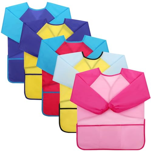 GSrenyu 5Pcs Kids Painting Apron Age 3-8 Long Sleeve with 3 Pockets