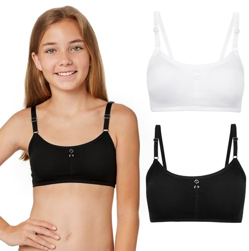 Kiiwah 2 stycken bustier, flickor, mjuk hudvänlig träningsbehå, flickor med avtagbara bröstkuddar, sport, barn, bh, tonåring, underkläder med justerbara remmar i 10–16 år