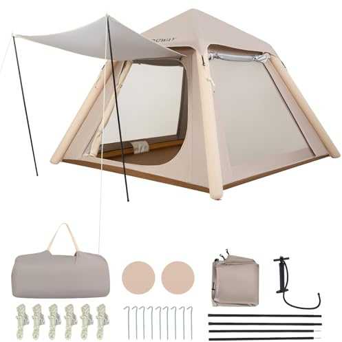 COSTWAY Uppblåsbart campingtält för 2–4 personer, lufttält med avtagbart tak, nätfönster och 2 dörrar, kupoltält, solskydd med luftpump, familjetält för vandring, 230 x 230 x 163 cm