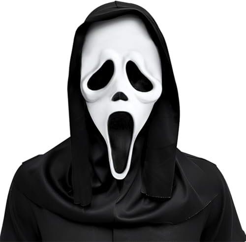 Ricomso Skrämmande mask, heltäckande huvud latex skräckmask med huva | Vit långärmad mask med svart huva för halloween, spökhus, skräckcosplay, karneval, karneval och scen