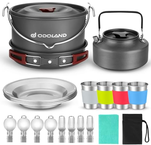Odoland 22pcs Camping Cookware Mess Kit, Large Size Hanging Pot Pan Kettle with Base Cook Set for 4, Cups Dishes Forks Spoons Kit for Outdoor Camping Hiking Picnic