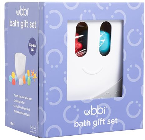 Ubbi Baby Bath Time Essential Gift Set, Stand Up Draining Bath Toy Bin, Dishwasher Safe, White
