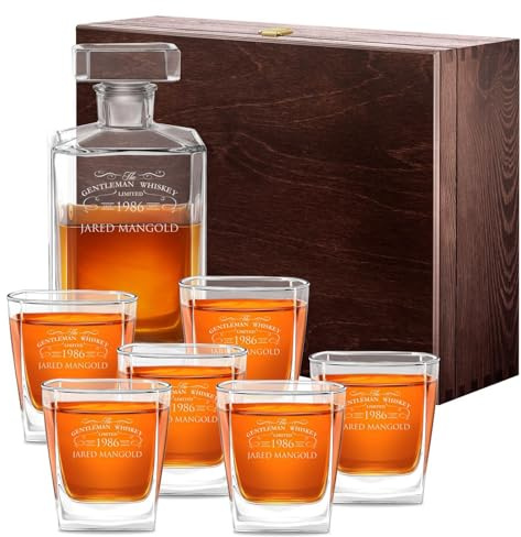 Maverton Whiskey Karaffe + 6er Whiskygläser Set mit Gravur - 700ml Whisky Dekanter - Weihnachtsgeschenke - Geschenk zum Geburtstag für Männer - Gentleman Whiskey