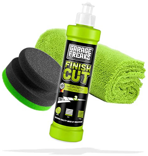 Garage Freaks Handpolitur Set - Step 3: Finish Cut Hochglanzpolitur 250ml - Für ein perfektes Hochglanz Finish + Handpolierschwamm + Edgeless Mikrofaser Poliertuch - Für eine optimale Auto Politur