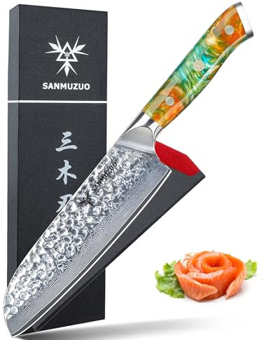 SANMUZUO 18 cm Santokumesser - Japanisches Kochmesser - Gehämmertem Damaststahl und Harz Griff - YAO Serie Damastmesser
