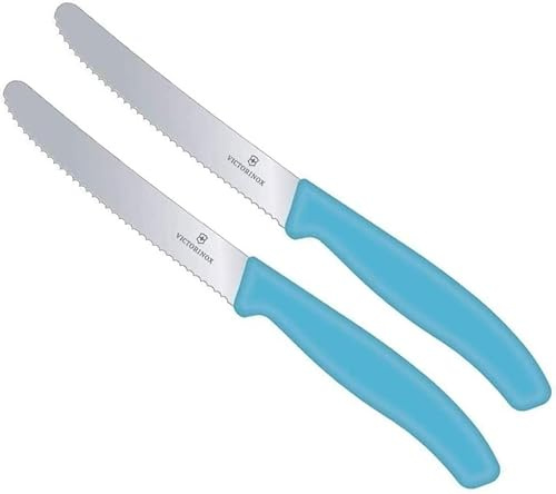 Victorinox 2 coltelli da tavola Swiss Classic | blu caraibico | Coltello per pomodori con lama ondulata | antiruggine | Swiss Made