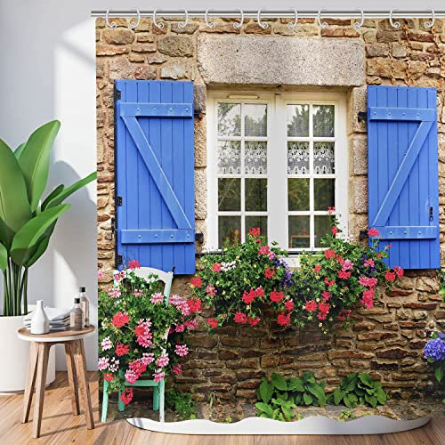 Hnmdmyi Tenda da doccia giardino 180x180, 3D Tende da doccia fiori piante blu finestra pietra muro paesaggio esterno immagine natura tenda da bagno tessuto impermeabile lavabile tenda da bagno