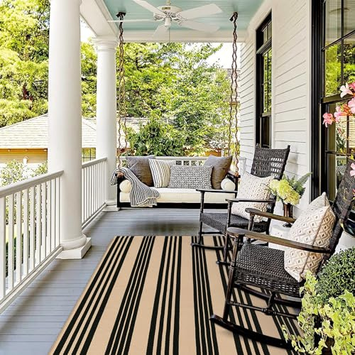 KIMODE Indoor Outdoor Rug 4'x6',Washable Reversible Black and Khaki Striped Rug,Cotton Hand Woven Patio Rug Floor Carpet, Farmhouse Decor Porch Rug for Outdoor Backyard Living Room