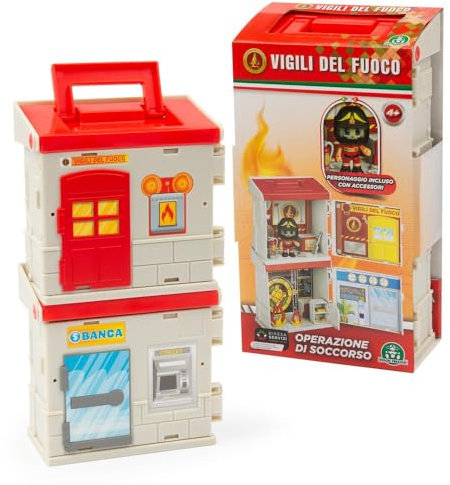 Giochi Preziosi Feuerwehr - Playset Feuerwehrstation, inklusive 7 cm beweglicher Figur und Zubehör, bequemer Tragegriff, für Kinder ab 4 Jahren