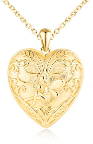 Herz Foto Kette Silber 925: Halskette Damen Engel Medaillon zum Öffnen für Bilder - Mode Blumenfee Anhänger Ketten Amulett Schmuck - Personalisierte Geschenk für Frauen Mama Freundin Mädchen Gold