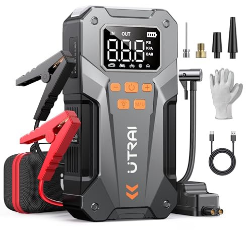 Jump Starter Power Pack with Air Compressor,UTRAI Car Battery Booster Jump Starters with Insulated Gloves/18W Fast Charging/Large LCD Display/LED Light (All Petrol or 10L Diesel) 6000A