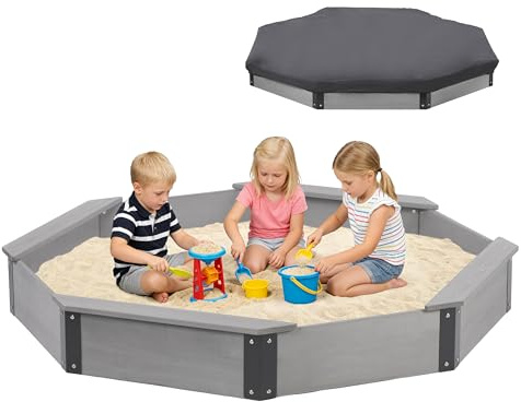 Sandbox ottagonale in legno con copertura, grande sabbiera per bambini all'aperto, patio, cortile, facile e veloce da montare