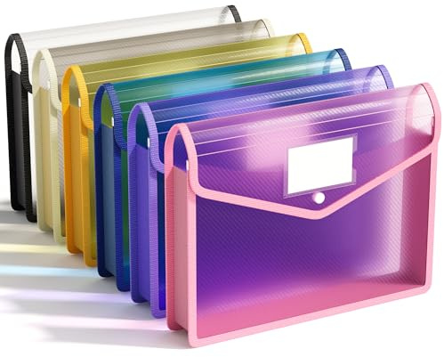 ABC life Plastic Wallets A4, 6 Pcs Plastic File Folders for Paperwork A4, Poly Pockets Document Folder with Button Closure, Transparent Envelopes for School Office Home, Assorted Colors