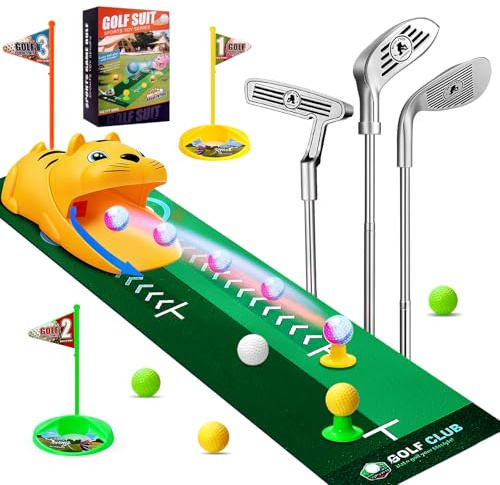 Cofvetia Kids Toy Golf Set with Automatic Golf Returner, White Golf Balls have Led Light Up Night, 3 Clubs, Putting Mat 3-8 Toddler Mini Golf Games, Indoor Outdoor Sports Toys for Boys Girls (Orange)