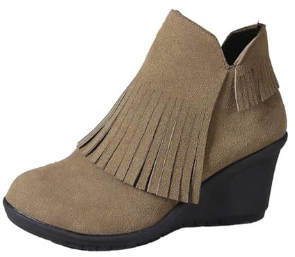 Botines para mujer 2026 con flecos de gamuza y tacón de bloque con cremallera lateral, cómodos botines casuales para uso diario, Khaki, 39 EU