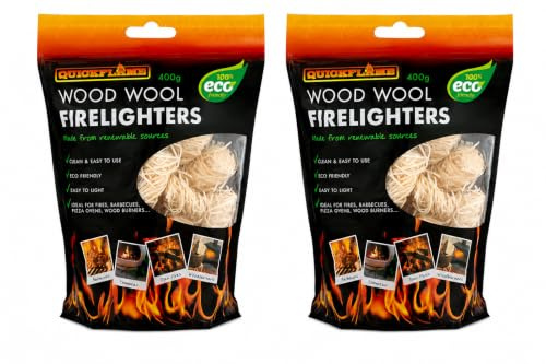 (Pack of 2 x 400g) Quickflame Wood Wool Firelighters - Handy, Safe, Fast And Effective In Starting Fires - Features: 100% Eco Friendly, Easy To Light, Made From Renewable Sources