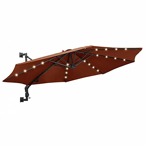 Tidyard Sonnenschirm 300 cm Wandsonnenschirm Ampelschirm Balkonschirm Gartenschirm Terrassenschirm Wandschirm Wandmontage mit LEDs und Metallmast Terrakotta